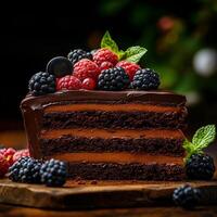 slice of chocolate cake topped with fresh berries and mint leaves, showcasing rich layers and glossy chocolate glaze. Perfect for dessert lovers photo