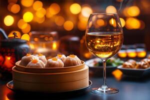 cozy dining scene featuring dim sum dishes in bamboo steamer, accompanied by glass of white wine. warm, ambient lighting creates welcoming atmosphere, perfect for enjoying meal photo