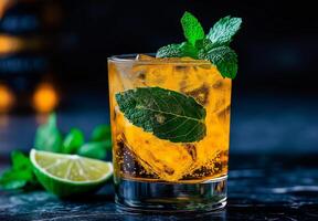 Refreshing yellow mojito cocktail with mint leaves and lime wedge, served over ice. Perfect for summer gatherings or relaxing evenings photo