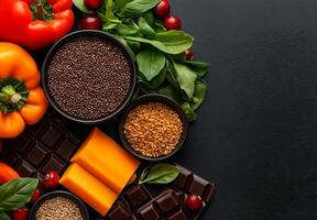 Fresh vegetables, grains, and chocolate arranged on dark surface, showcasing vibrant colors and textures. Perfect for healthy eating and culinary inspiration photo