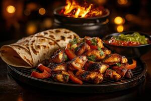 Sizzling chicken fajitas with peppers, onions, and tortillas served on hot plate, creating warm and inviting atmosphere perfect for sharing photo