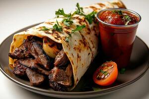 Delicious beef wrap with grilled meat, served with tomato sauce and fresh herbs photo