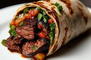 Delicious beef wrap filled with fresh vegetables and herbs, served on plate. wrap features grilled tortilla, showcasing savory blend of flavors and textures photo