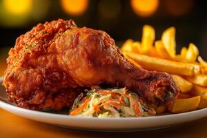 Crispy fried chicken leg served with coleslaw and golden fries, creating delicious and satisfying meal. Perfect for comfort food lovers photo