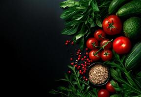 Fresh vegetables and grains arranged on dark background, featuring tomatoes, cucumbers, and leafy greens, creating vibrant and healthy food display photo
