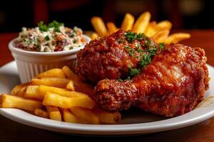 Fried chicken served with crispy fries and coleslaw, garnished with parsley, creates delicious and satisfying meal. Perfect for comfort food lovers photo