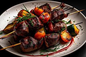 Grilled beef shish kebab with vegetables on white plate, garnished with herbs, showcasing vibrant colors and delicious presentation. Perfect for summer barbecue photo