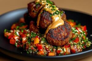 Delicious falafel served on black plate with tabbouleh, topped with creamy sauce and garnished with herbs. vibrant and healthy meal option photo