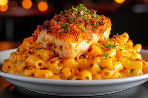 Creamy macaroni and cheese topped with crispy breaded layer, garnished with fresh herbs. delicious comfort food dish perfect for any occasion photo