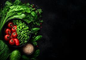 Fresh vegetables and greens arranged beautifully on dark background, featuring tomatoes, leafy greens, and seeds, promoting healthy lifestyle and vibrant cooking photo