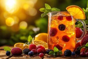 Refreshing fruit juice pitcher with ice cubes and fresh berries, garnished with mint and citrus slices, perfect for summer gatherings photo
