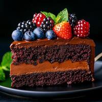 slice of chocolate cake topped with fresh berries, including strawberries, blueberries, and blackberries, served on black plate. rich chocolate frosting adds decadent touch photo