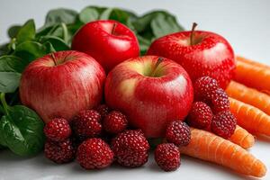 Fresh apples, raspberries, carrots, and spinach create vibrant display of healthy fruits and vegetables, showcasing their rich colors and textures photo