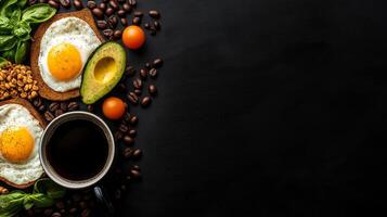 Delicious breakfast with eggs, avocado, coffee, and granola on dark background. perfect start to day, showcasing healthy ingredients and vibrant colors photo