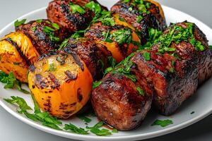 Grilled beef shish kebab with vegetables garnished with fresh herbs, showcasing vibrant colors and deliciously charred appearance. Perfect for summer barbecue photo