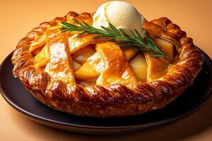 delicious apple pie topped with scoop of ice cream and sprig of rosemary, showcasing golden crust and warm apple filling. Perfect for dessert lovers photo