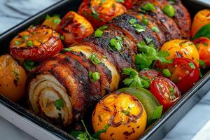 Delicious grilled meat roll with colorful roasted vegetables, garnished with fresh herbs, creating vibrant and appetizing dish. Perfect for gatherings and celebrations photo