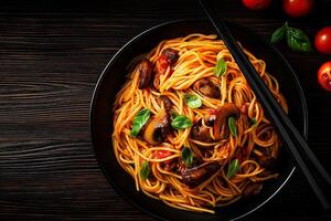 Delicious spaghetti with mushrooms and tomatoes garnished with fresh basil, served in black bowl with chopsticks. perfect meal for pasta lovers photo