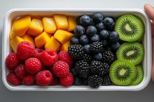 Fresh fruit tray with mango, kiwi, blueberries, raspberries, and blackberries, perfect for healthy snack or dessert. Enjoy vibrant colors and flavors photo