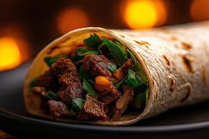 Delicious beef wrap with fresh greens and spices, served on plate. warm tortilla complements savory filling, creating mouthwatering dish perfect for any meal photo