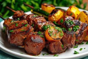 Grilled beef shish kebabs with vegetables on white plate, garnished with herbs, showcasing delicious and appetizing meal. Perfect for gatherings and barbecues photo
