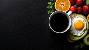 delicious breakfast spread featuring cup of coffee, fresh fruits like strawberries and oranges, and slice of avocado toast topped with fried egg. This vibrant arrangement evokes sense of freshness photo