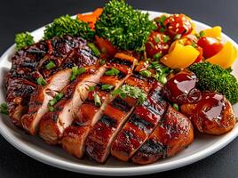 Sliced grilled chicken served with colorful vegetables and sauces, showcasing delicious and vibrant meal. Perfect for food lovers and healthy eating enthusiasts photo