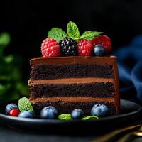 slice of rich chocolate cake layered with creamy frosting, topped with fresh raspberries, blackberries, and blueberries, garnished with mint leaves for delightful presentation photo