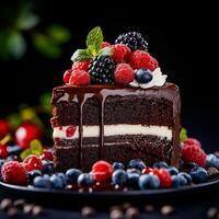 slice of chocolate cake topped with fresh berries and mint, beautifully presented on dark background. rich chocolate and vibrant colors create inviting dessert photo