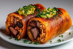 Delicious burrito filled with rice and meat, topped with guacamole and green onions, served on white plate photo