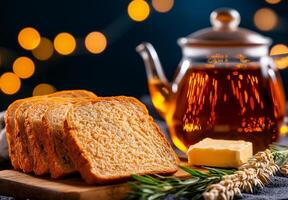 Freshly sliced homemade bread with butter and teapot, creating cozy atmosphere. warm tones and soft lighting evoke sense of comfort and relaxation photo