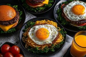 Delicious meal featuring spaghetti topped with fried egg, alongside burgers and fresh vegetables, creating vibrant and appetizing dining experience photo