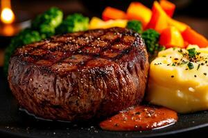 perfectly seared filet mignon served with creamy mashed potatoes, vibrant broccoli, and colorful carrots, creating delicious and visually appealing meal photo