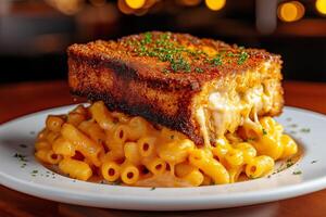 Creamy macaroni and cheese topped with crispy breaded layer, served on plate. This delicious dish is perfect for comfort food lovers, showcasing golden crust and rich flavors photo