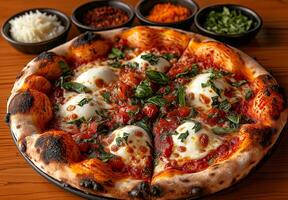 delicious Italian pizza topped with mozzarella, tomatoes, and fresh basil, served with various toppings in bowls. Perfect for sharing and enjoying with friends photo