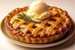 Delicious apple pie topped with creamy ice cream and sprig of rosemary, perfect for dessert lovers. golden crust and warm filling create comforting treat photo