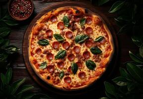 Delicious pizza topped with cheese, pepperoni, and fresh basil, surrounded by vibrant green leaves. Perfect for sharing and enjoying with friends photo