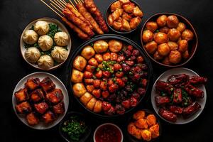 vibrant spread of Chinese dim sum, baozi, and egg rolls, showcasing variety of flavors and textures. Perfect for sharing and enjoying with friends and family photo