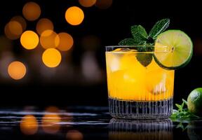 refreshing yellow cocktail garnished with lime slice and mint leaves, served glass with ice. vibrant drink contrasts beautifully against blurred background of warm lights, creating lively photo