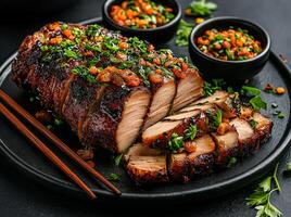 Sliced roast duck garnished with herbs on black plate, served with dipping sauces. delicious and visually appealing dish perfect for any occasion photo