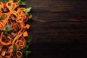 Delicious spaghetti with roasted vegetables and mushrooms, garnished with fresh parsley, served on rustic wooden table. vibrant and appetizing dish perfect for any meal photo