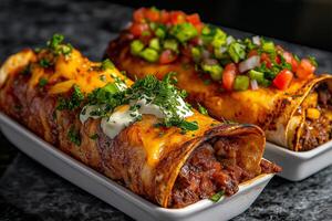 Delicious enchiladas topped with cheese, sour cream, and fresh salsa, served in white rectangular dish. vibrant and appetizing meal perfect for any occasion photo