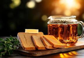 Freshly sliced homemade bread with butter and cup of tea on wooden board, creating warm and inviting atmosphere. Perfect for cozy afternoon photo