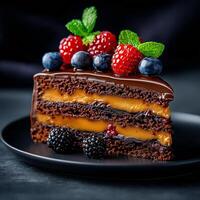 slice of chocolate cake with layers of caramel and topped with fresh berries, including raspberries and blueberries, garnished with mint leaves. Indulge in this delicious dessert photo