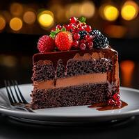 delicious slice of chocolate cake topped with fresh berries, showcasing rich layers and glossy finish. Perfect for dessert lovers, this treat is visually appealing and indulgent photo