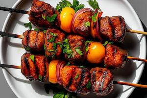 Grilled meat skewers with vibrant vegetables and egg yolks, garnished with fresh herbs, create delicious and colorful dish perfect for gatherings photo