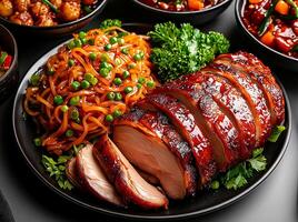 plate of sliced roasted duck served with stir fried noodles and vegetables, garnished with fresh herbs. vibrant colors and textures create appetizing presentation photo