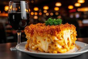 Delicious macaroni and cheese with crispy breaded topping, served with glass of dark beverage. This comforting dish is perfect for indulgent meals photo