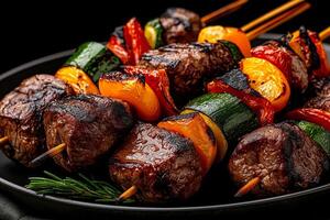Delicious beef shish kebabs with colorful vegetables on skewers, showcasing vibrant peppers, zucchini, and hint of rosemary. Perfect for grilling enthusiasts photo