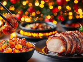 beautifully arranged plate of sliced roasted duck with vibrant Chinese dishes, set against festive background of twinkling lights, creating warm and inviting atmosphere photo